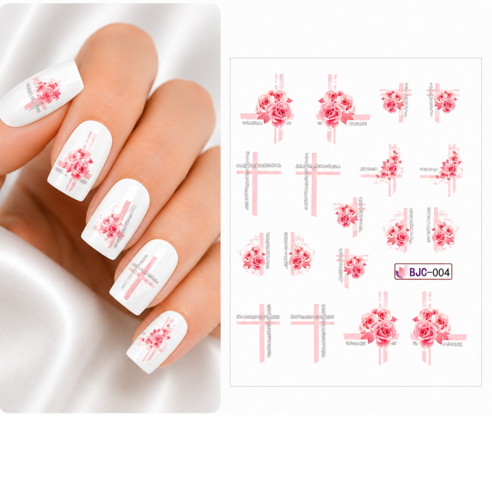 pink Rose Flower Water Transfer Silver Nail Decal DIY Manicure Blossom Finger