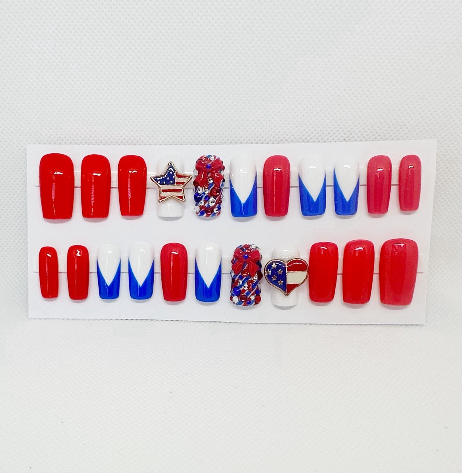 Handmade Custom Press On Nails Med Length Square July 4th Nails Red White Blue