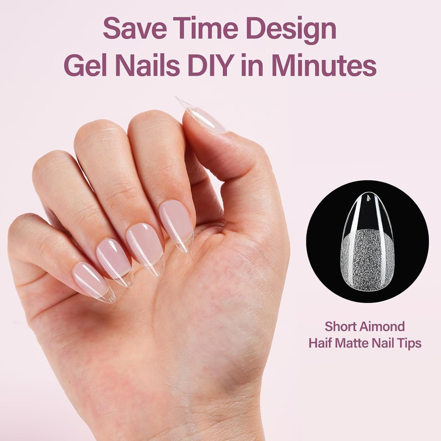 Short Almond Nail Tips Kit, 360Pcs Pre Etched Clear Gel X Fake Nails, Full Cover