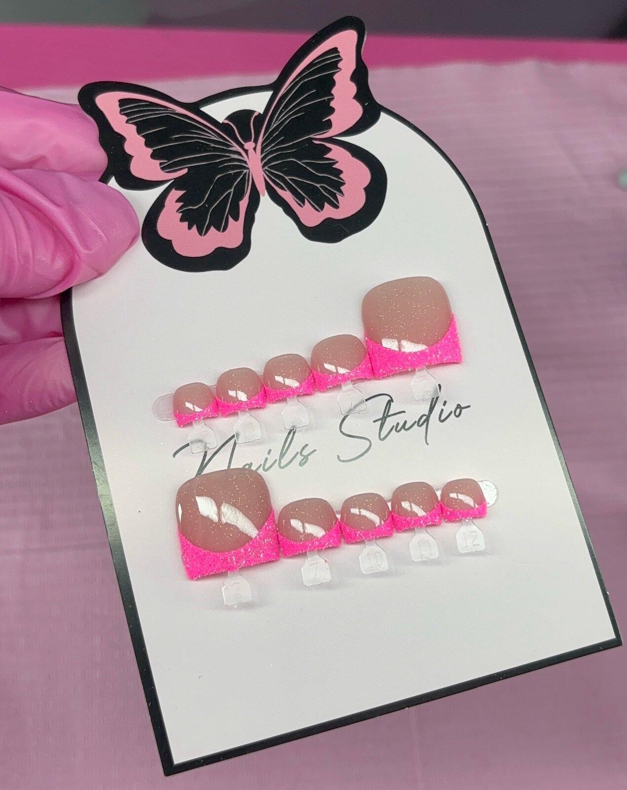 Press on toenails pink glitter French tips handmade custom builder gel nude