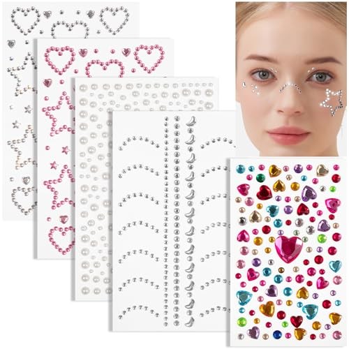 Self Adhesive Face Gems, Pearl Stickers, Love heart/Star/Moon/Round Multicolor