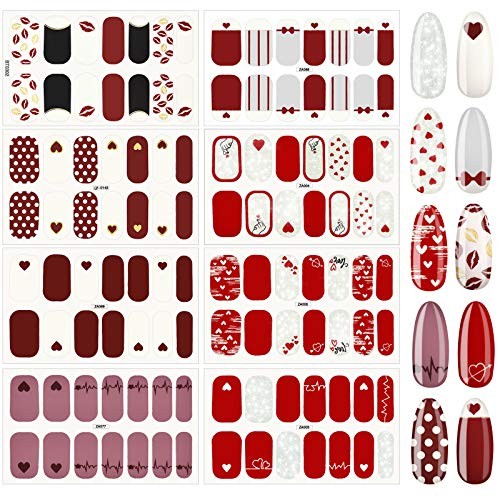 112pcs 8 Sheets Valentine Nail Art Stickers Full Wraps Heart Nail Wraps Self