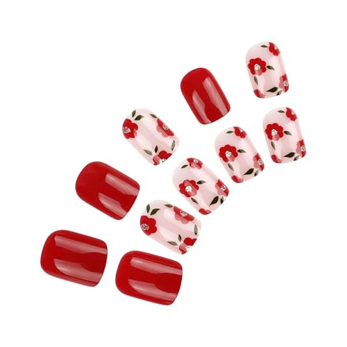 Red Press on Nails Short Square Fake 1 Fl Oz (Pack of 1) Square Flower-red