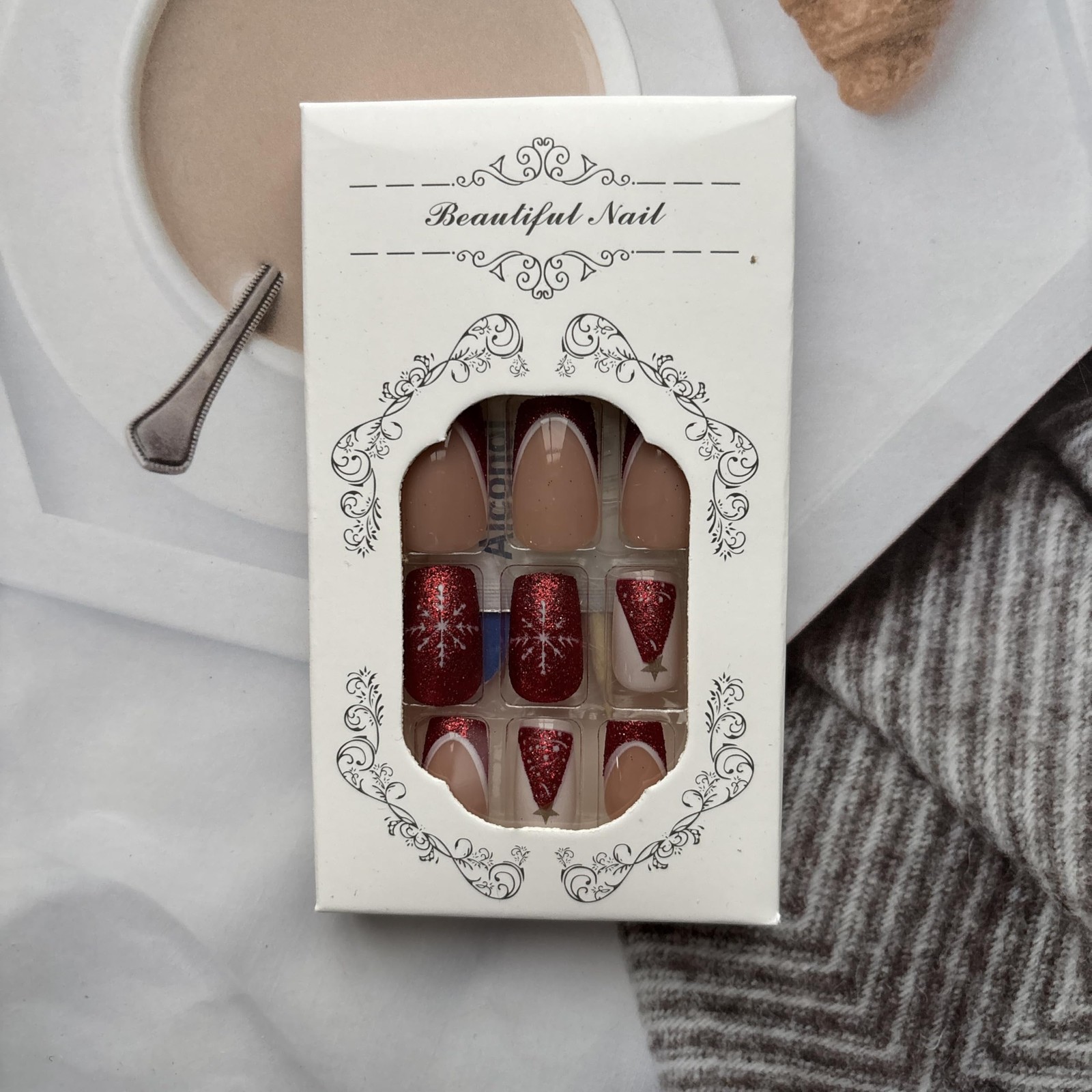 Christmas Press on Nails Red French Tip Fake Nails White Snowflake False Nail…