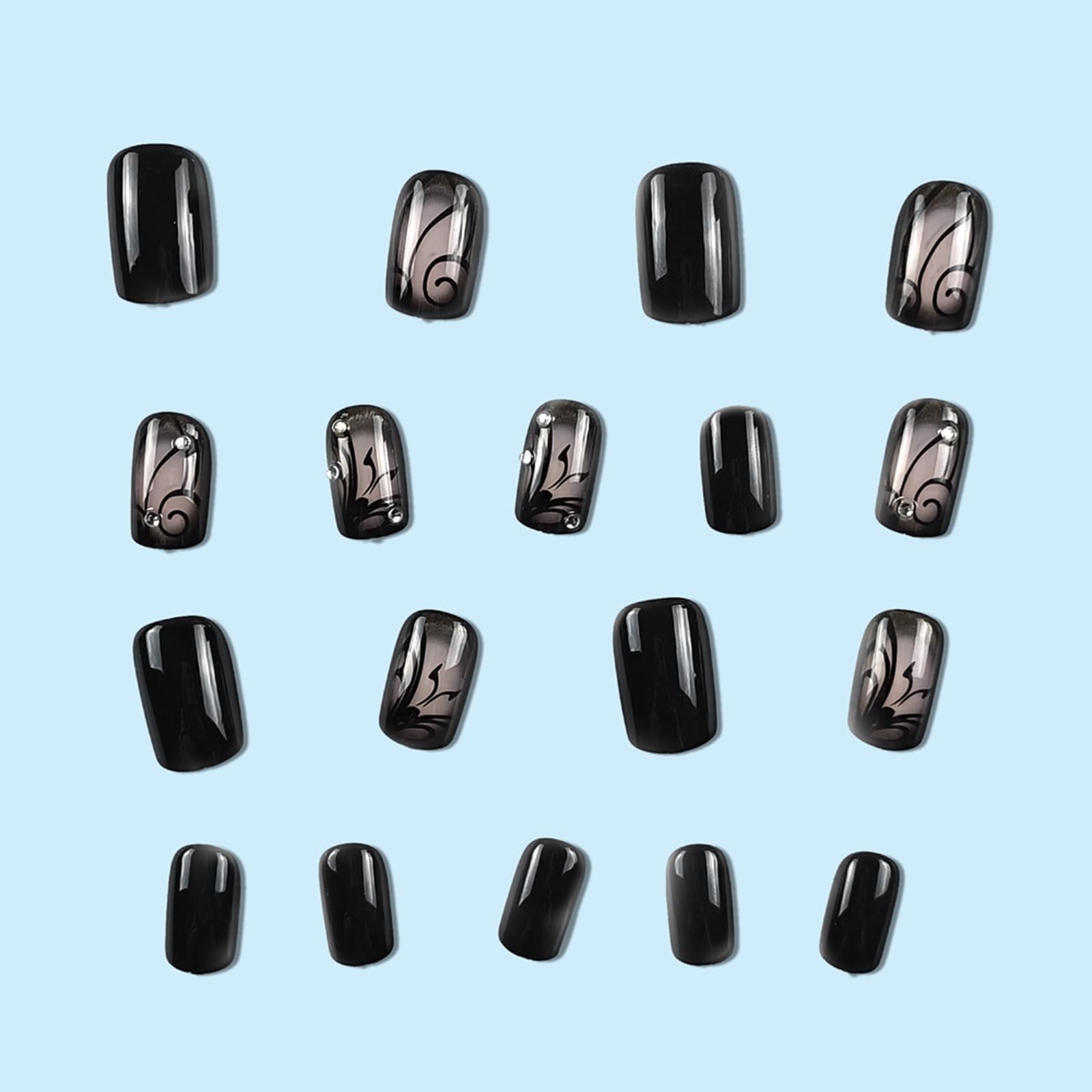French Short Press On Nails, Halloween Black Vine Square Short,