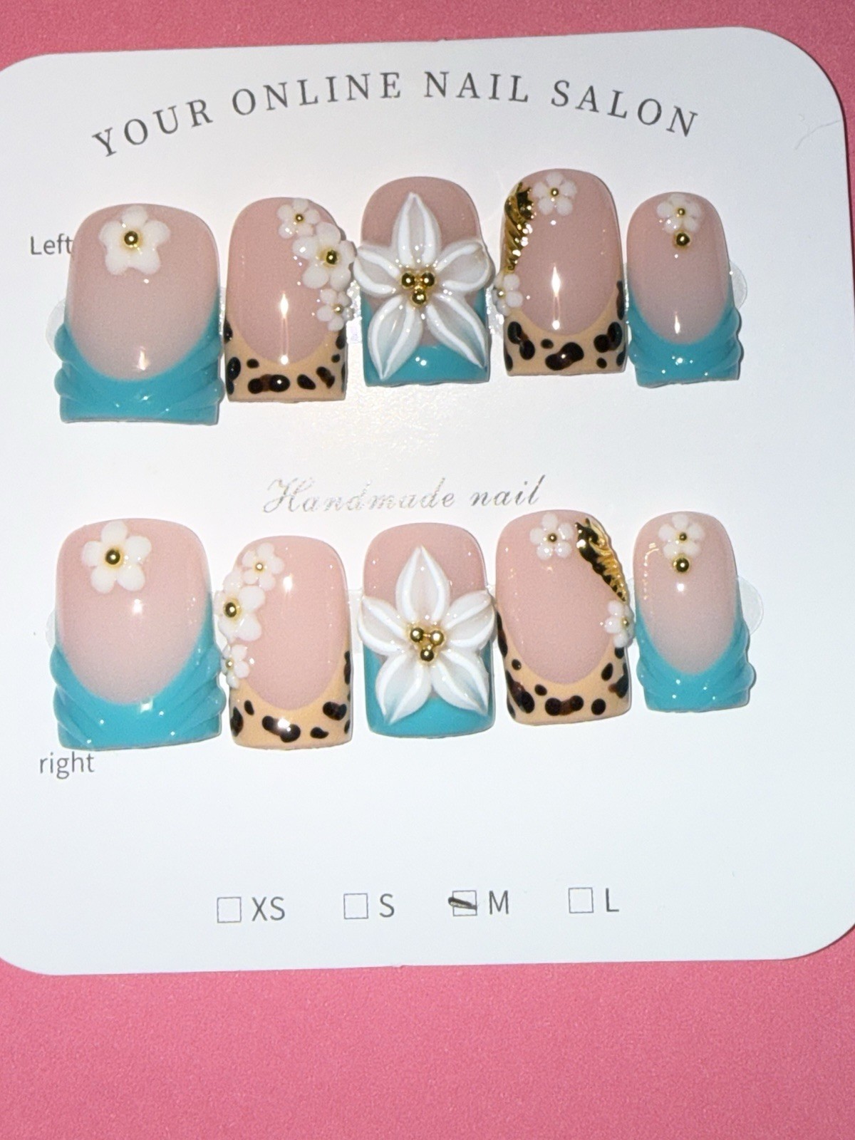 Handmade Press-On Nails Size Medium Blue And Cheetah Print Frenchies