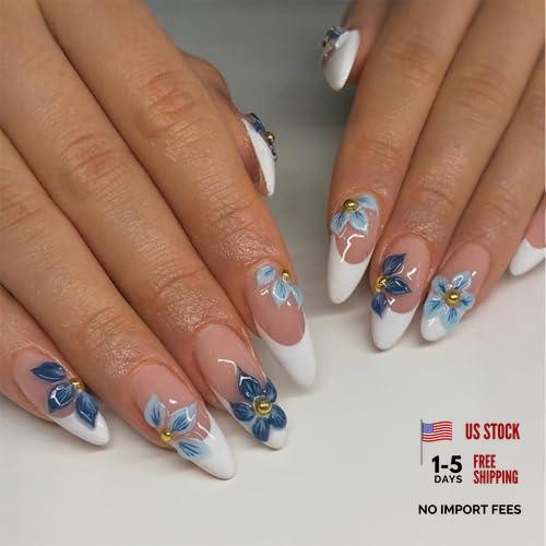 White French Tip Fake Nails with Gold Design – Blue Flower