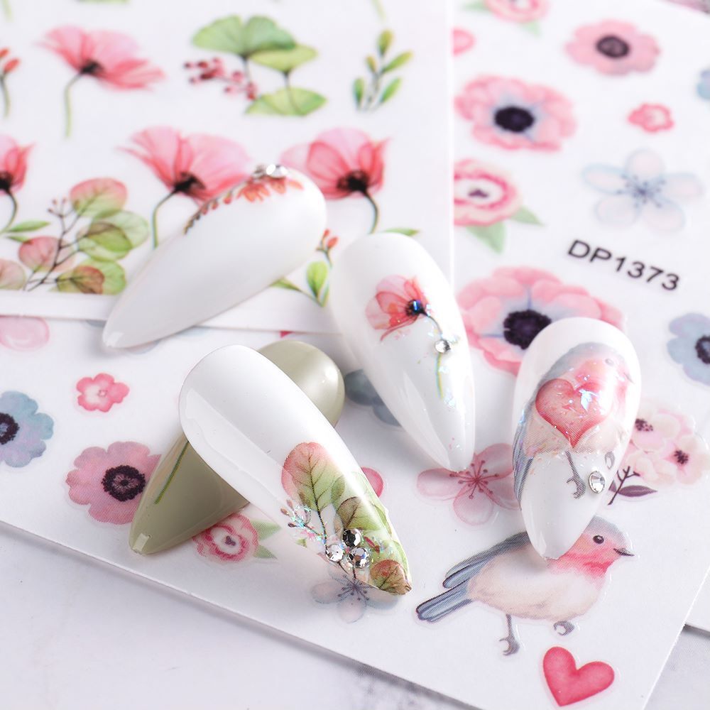 Pink Flower Bloom Branches Nail Stickers Rose Daisy Blue Lily Bird Butterfly