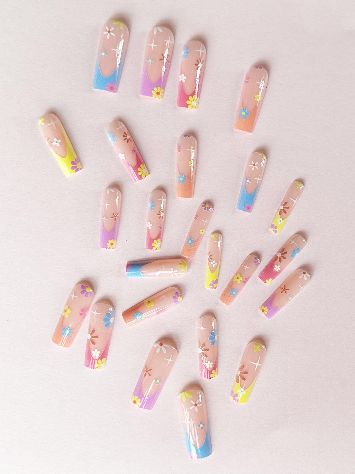 24pcs Long Square Sunset Ombre Flower Fake Nail Kit False Nails Press On Nails