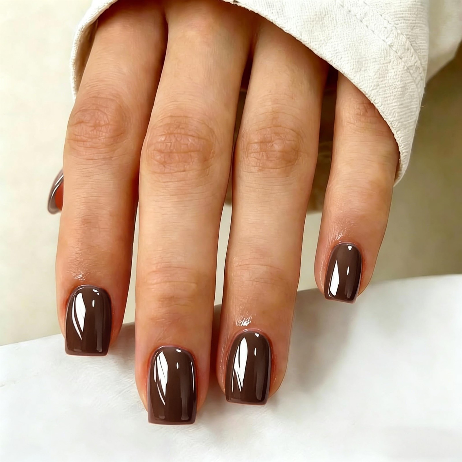 SXVME Short Square Brown Glazed Mirror Press on Nails 30 Pcs