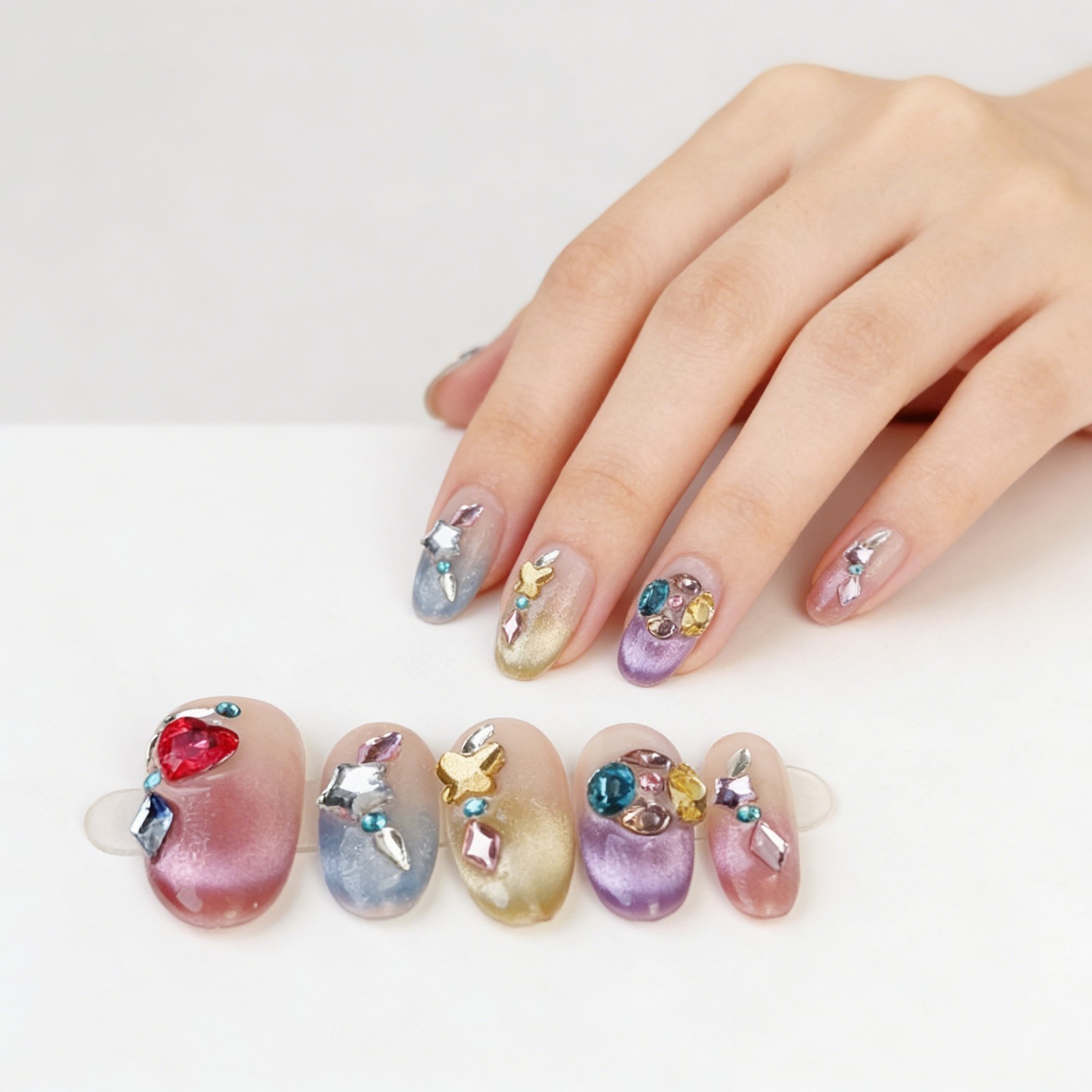Rainbow Sugar Diamond Press-On Nails Medium Oval Sweet Cool Style Handmade Set
