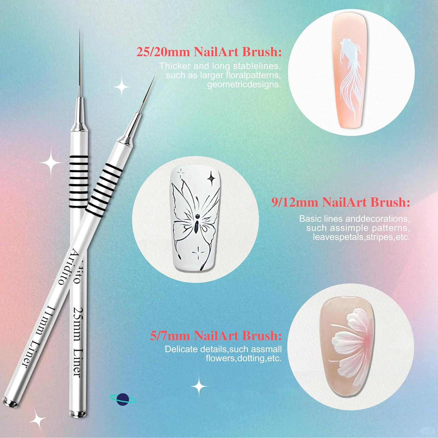 6Pcs Silver Metal Handle Nail Art Liner Brushes Set | 5/7/9/11/20/25Mm Sizes