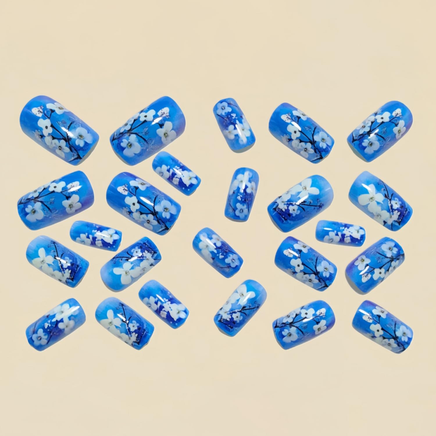 Blue Press on Nails Medium Square False Nails White Flower Design Full Cover Glu