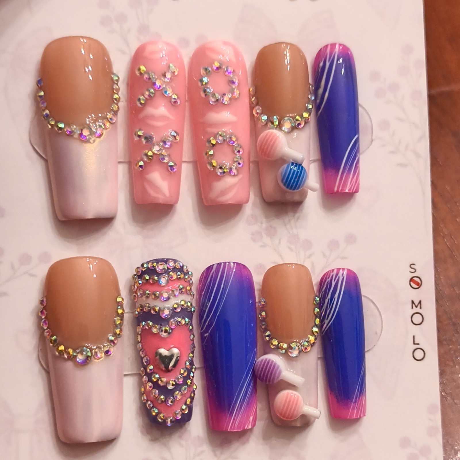 Press-On Nails Sm Long Coffin Pink Blue Nude White Glitter 3D Heart Full Cover