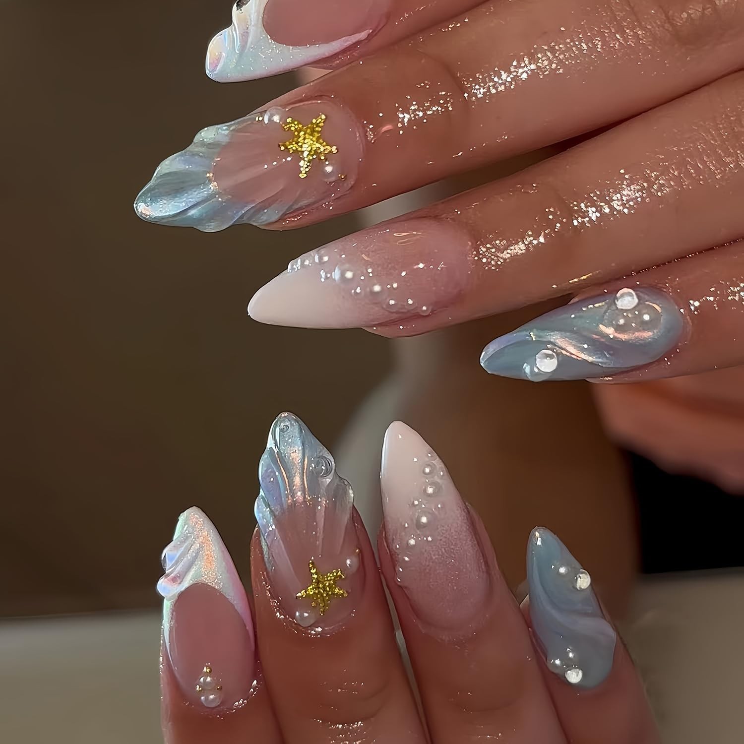 24Pcs Summer Press-on Nails Medium Almond False Nails with 3D Pearl Seashell …
