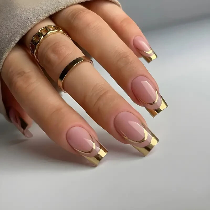 24pcs Glossy Medium Curve Press-On Nails Pink Golden French Fake Nails Women