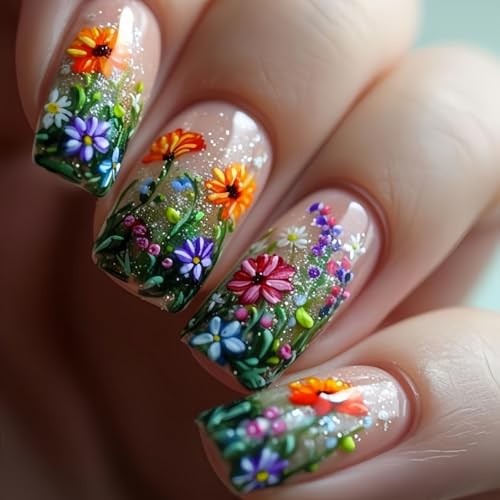 Flowers Press on Nails Short Square Shaped False Nails with Colorful Style 8