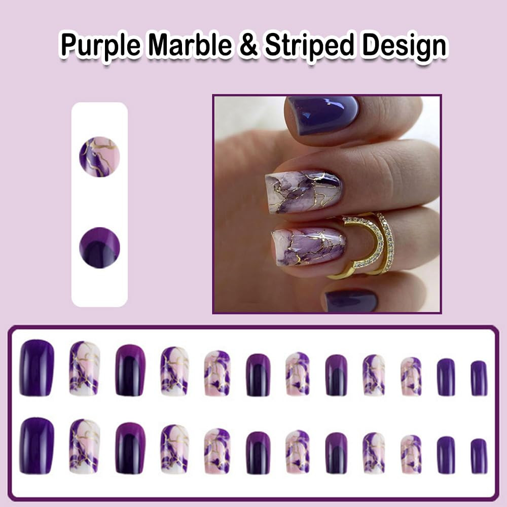 Purple and Gold Press on Nails Short Square Marble Medium Fake Nails | Gold Line