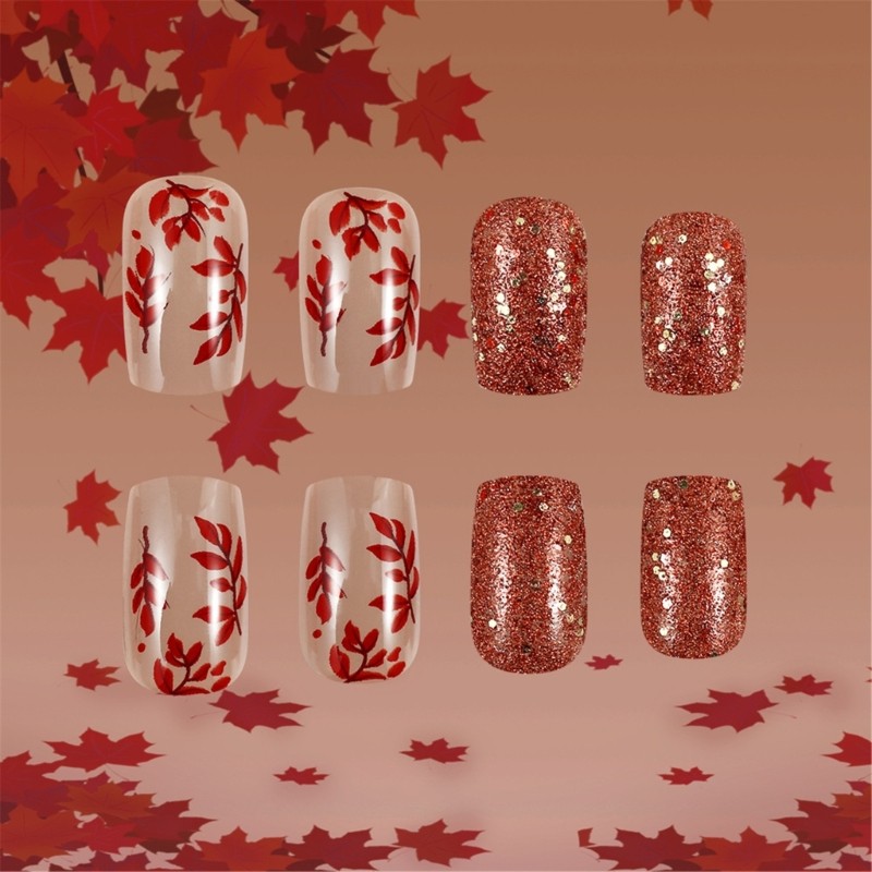 24pcs Stylish Fall Leaf Designs Artificial Nail False Nail For Any Occasion