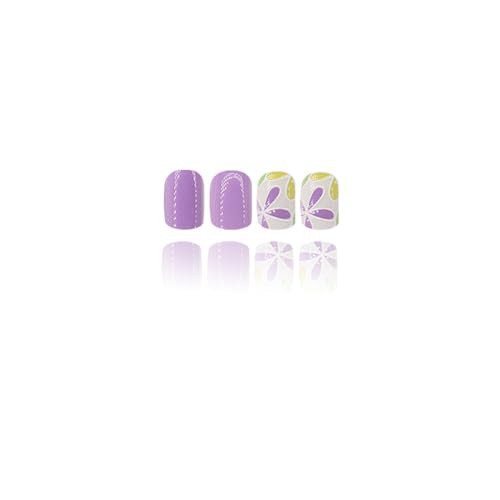 Purple Press on Nails Short Square Fake 1 Fl Oz (Pack of 1) Square Flower-10