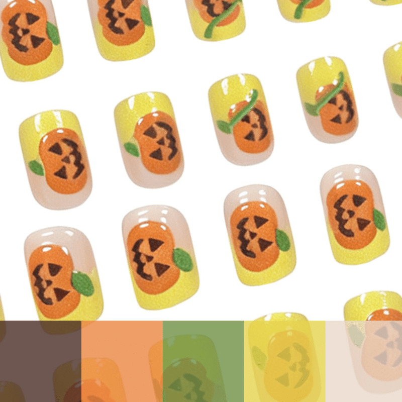 48Pcs-Short Square Neon Yellow French 3D Pumpkin Halloween Press on Nails