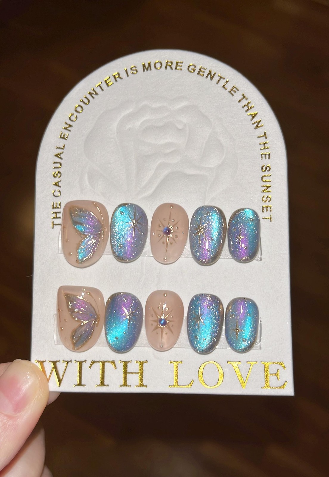 Handmade Iridescent Cat Eye Butterfly Rhinestone Medium Almond Press on Nails