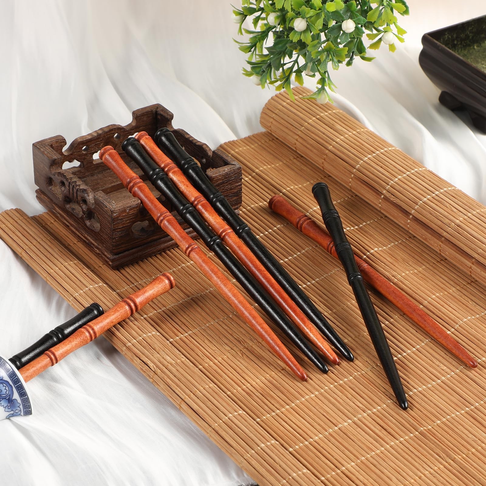 8 Pieces Hair Chopsticks Bamboo Shape 1 Count (Pack of 8), Black, Brown