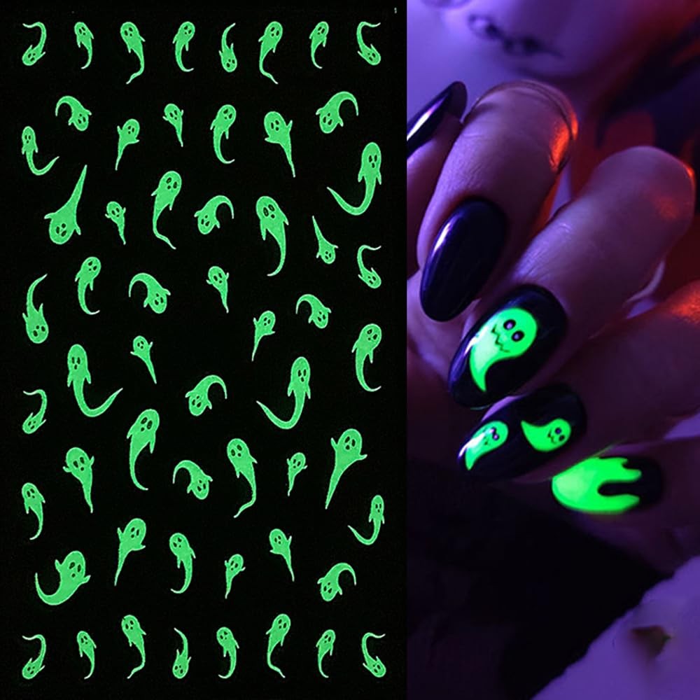 6pcs Halloween Nail Stickers Light in The Dark Cute Ghost Nail Decals Luminou…