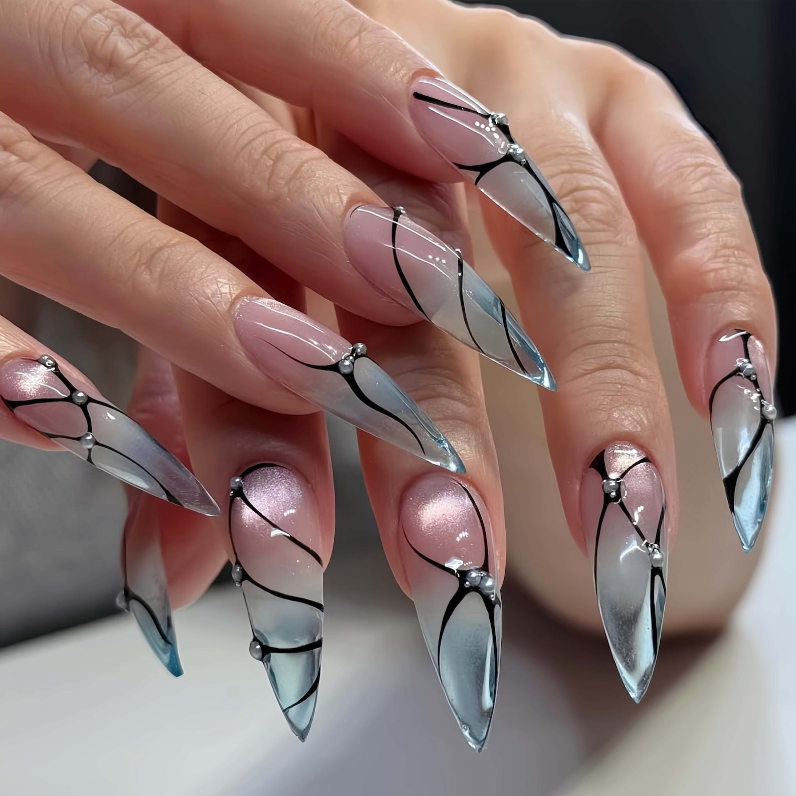 Handmade Pink Cat Eye Black Line Silver Bead Long Stiletto Press on Nails