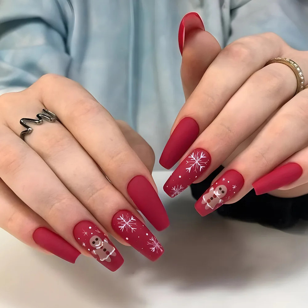 2026 Christmas Red Snow Deer Long Press On Nails