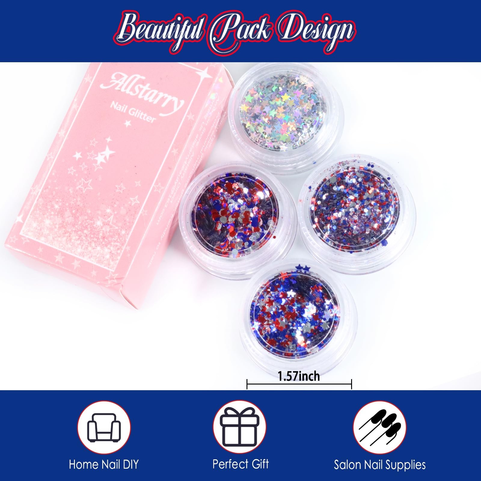 Nail Glitter 4Pcs Holographic America’s Patriotic Nail Art Glitter Sparkly Re…