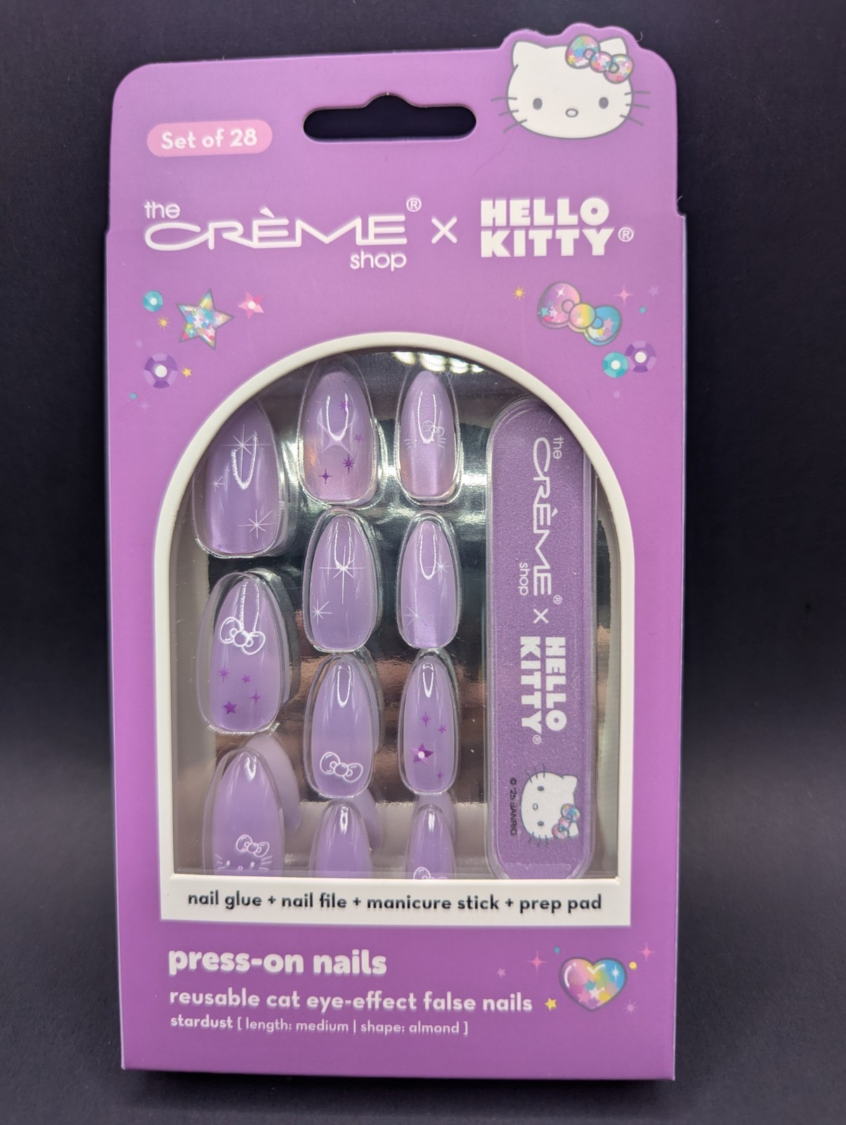 2x-Hello Kitty x The Crème Shop Press-On Nails Set of 28 Purple Cat Eye Almond