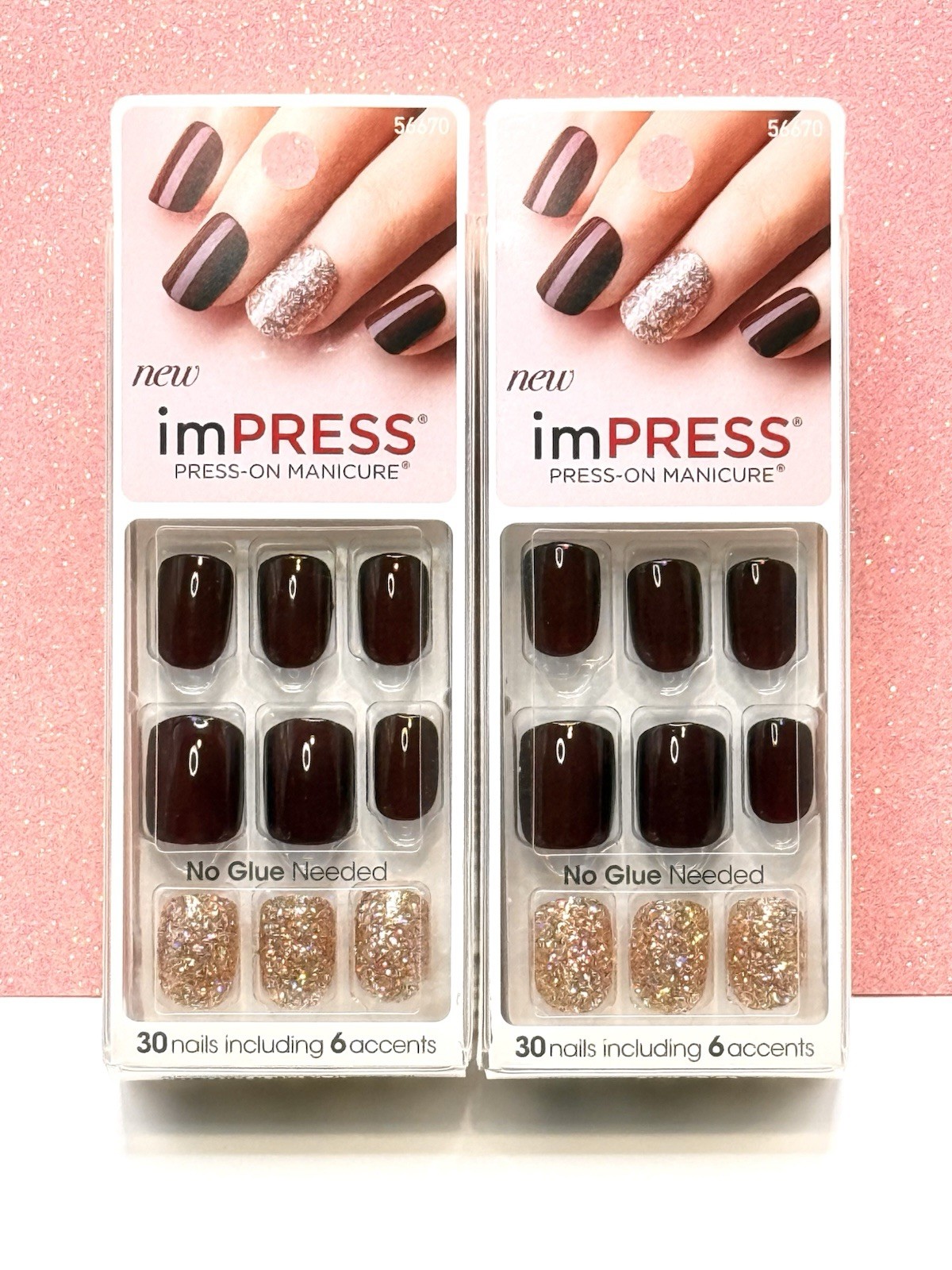 Kiss imPRESS Press-On Nails Manicure Short Dark Burgundy Gold Glitter Lot Of 2