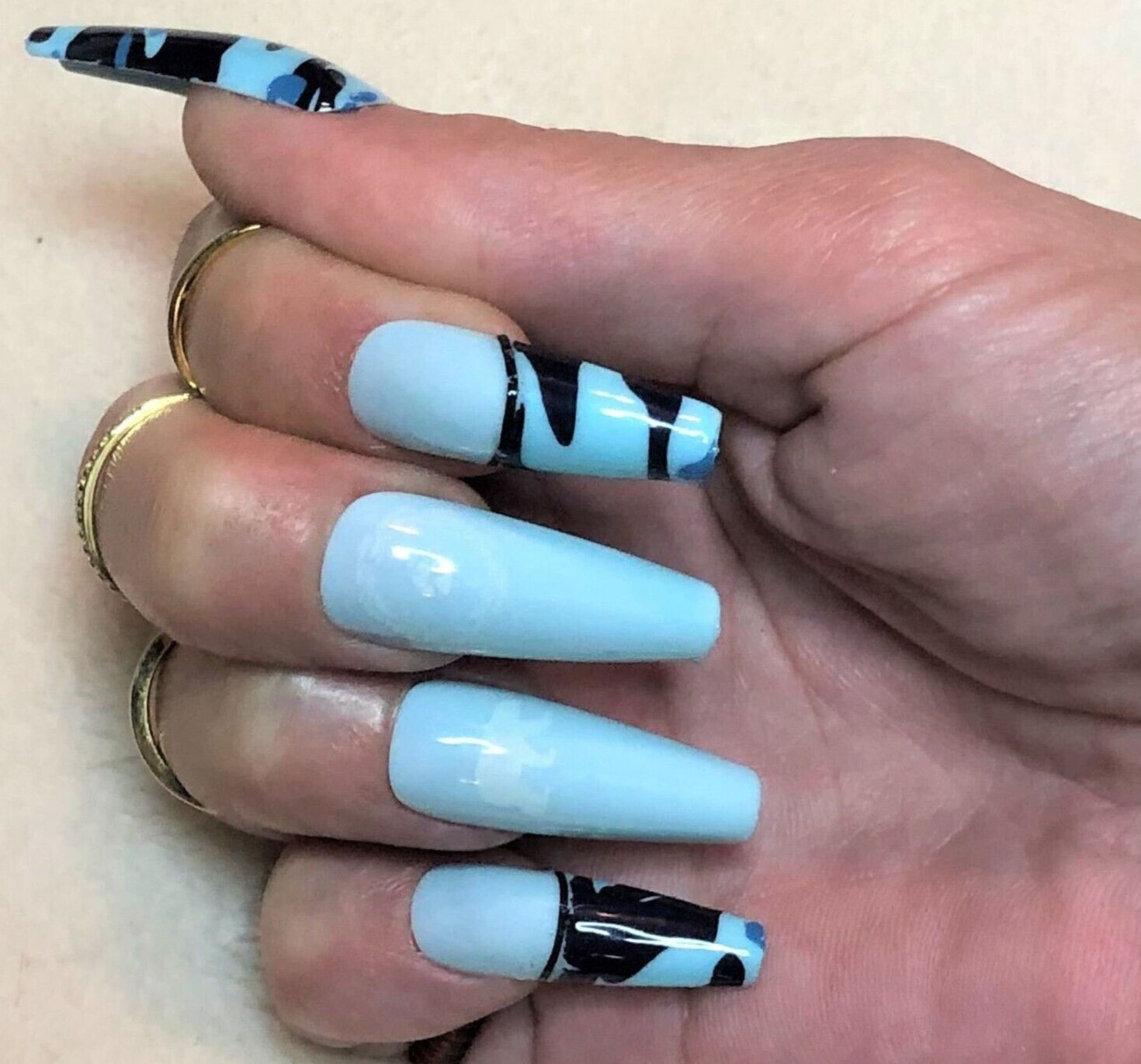 Blue Camo with Bear Press-On Nail Set – Ex-Long Ballerina (Size 0-8)