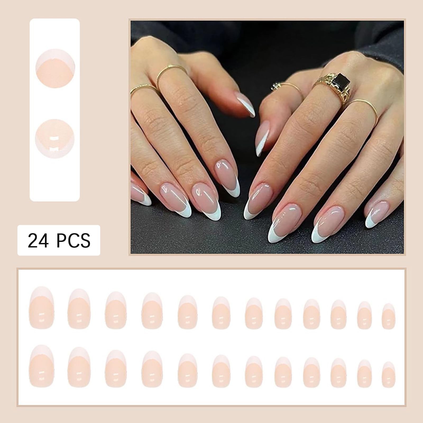 White French Tips Press on Nails Long Almond Fake Nails Nude False Nails with…