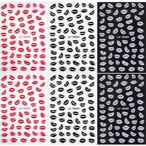 Valentine’s Day Nail Stickers Nail Decals 6PCS White Black Heart Nail Sexy Lips