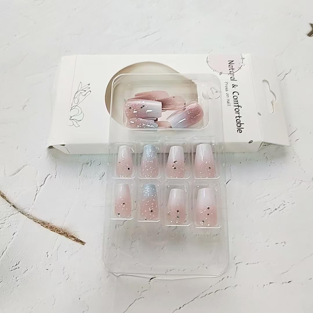 24Pcs Medium Press on Nails Blue White Gradient Press on Nails Medium Square W5