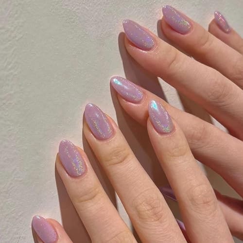 Almond Press on Nails Cat Eye Short Almond Cat Eye Pink Light Purple Bling