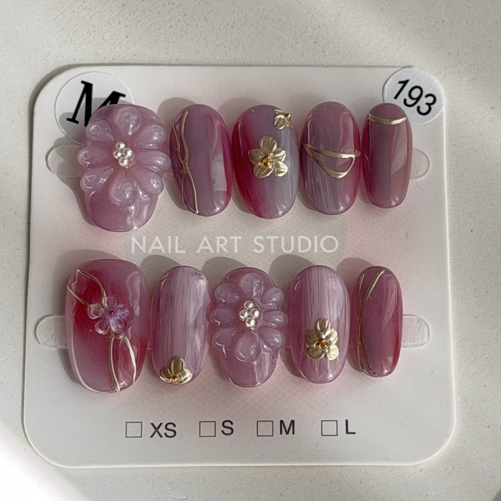 Handmade Pink 3D Flower AB Press-On Nails Short Oval Size M Reusable False Nail