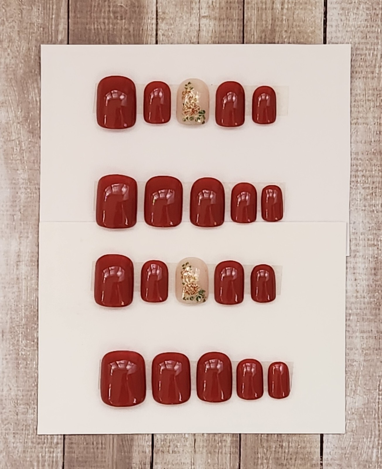 Custom Press On Handmade Gel Nails Crimson Floral Accent Square Short 20 Tips