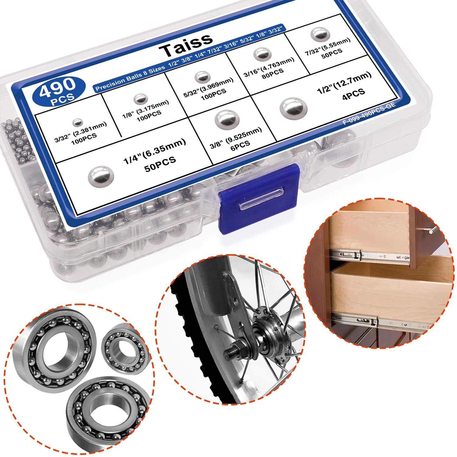 490PCS Precision Balls 8 Sizes,Bicycle Bearing Balls 1/2″ 3/8″ 1/4″ 7/32″ 3/1…
