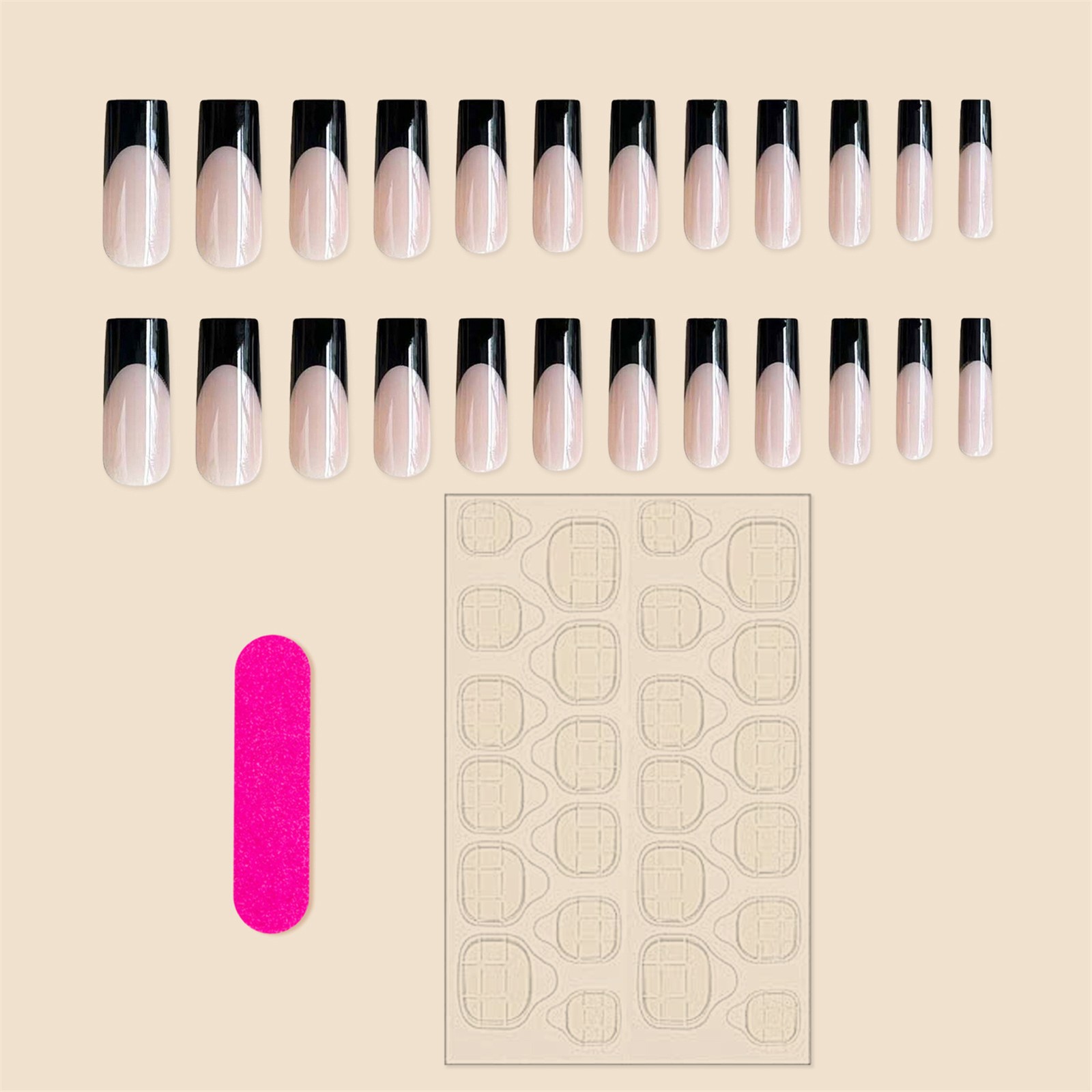 Black Edge French Tips,Square Long Press On Nail,Nude Fake Nail,Daily False Nail
