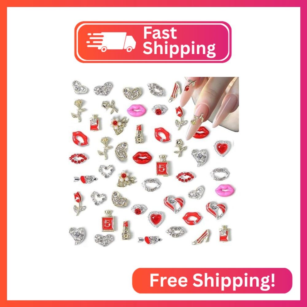 48Pcs Valentines Nail Art Charms Y2k Alloy Nail Gems and Rhinestones 3D Love Hea