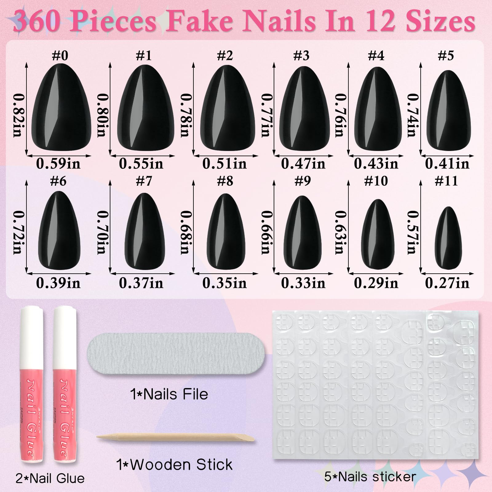 360pc Almond Press on Nails Short Fake Nails Black Glue on Nails XS Short Acryli