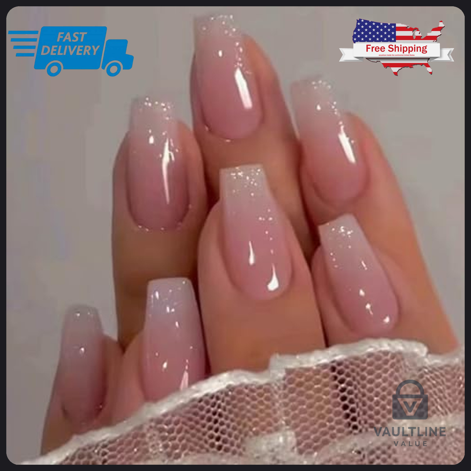 24 Piece Medium Coffin Press On Nails Pink Shimmery ABS Plastic