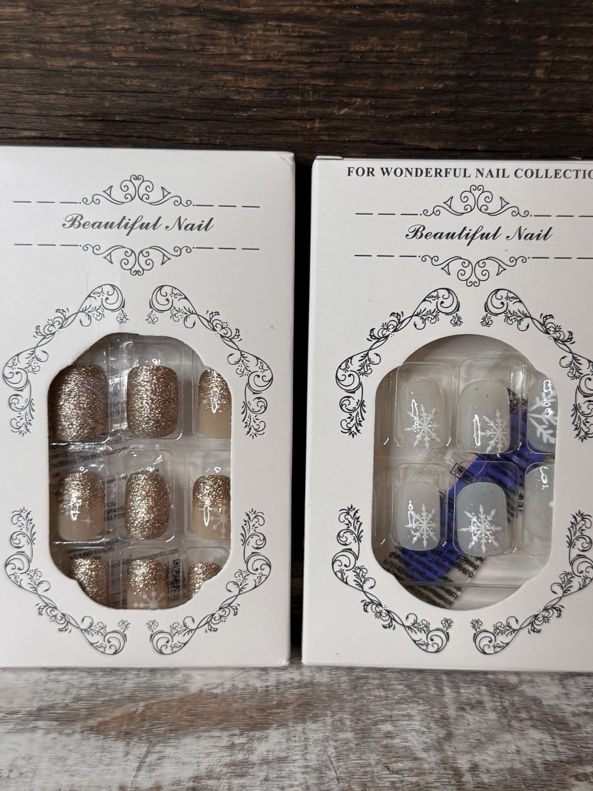 Press-On Nail 2 Sets Champagne Glitter & Milky Snowflake