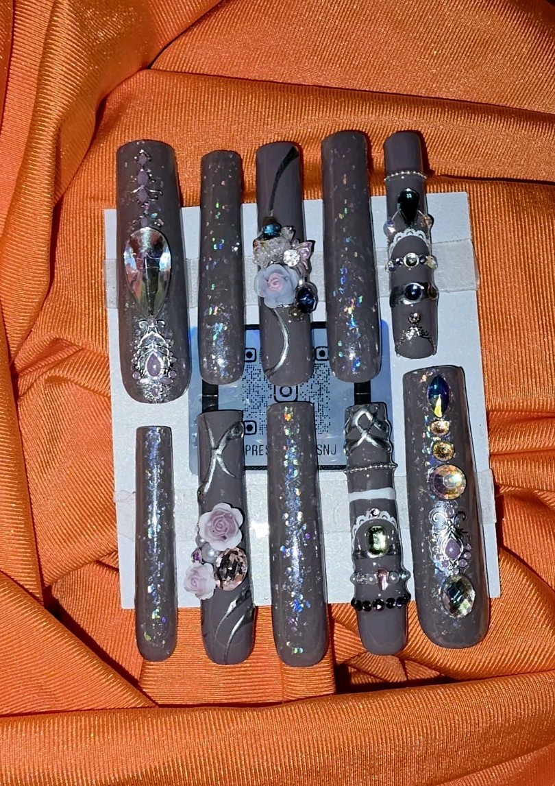 Press On Junk Nail Set 3XL Square 3D Cat Eye Boho Princess Whimsical Fairy Pearl