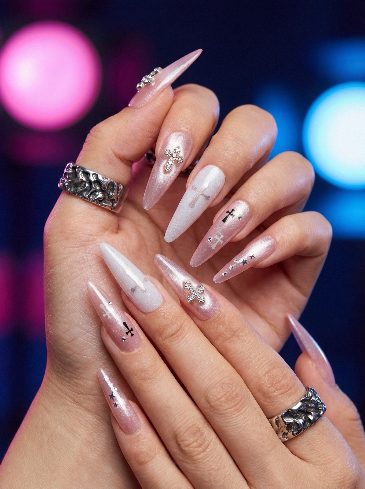 Silver Cross Glam Long Stiletto Press On Nails, Cross Rhinestone Nude, Handmade