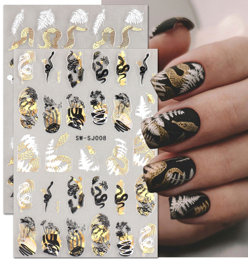 Abstract Black Gold Snake Butterfly Nail Art Stickers Laser Geometry Flower NS53