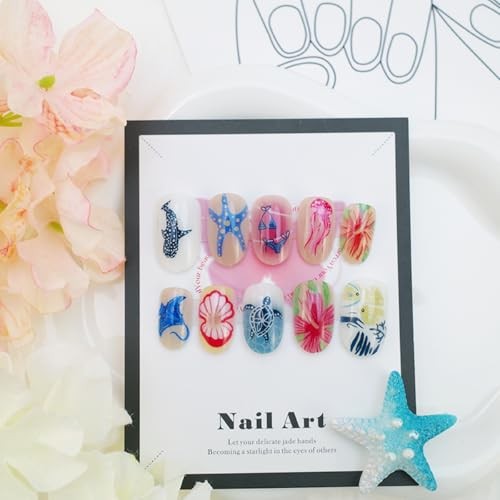 24Pcs Ocean Life Press on Nails – Short Almond Fake Nails XF-088